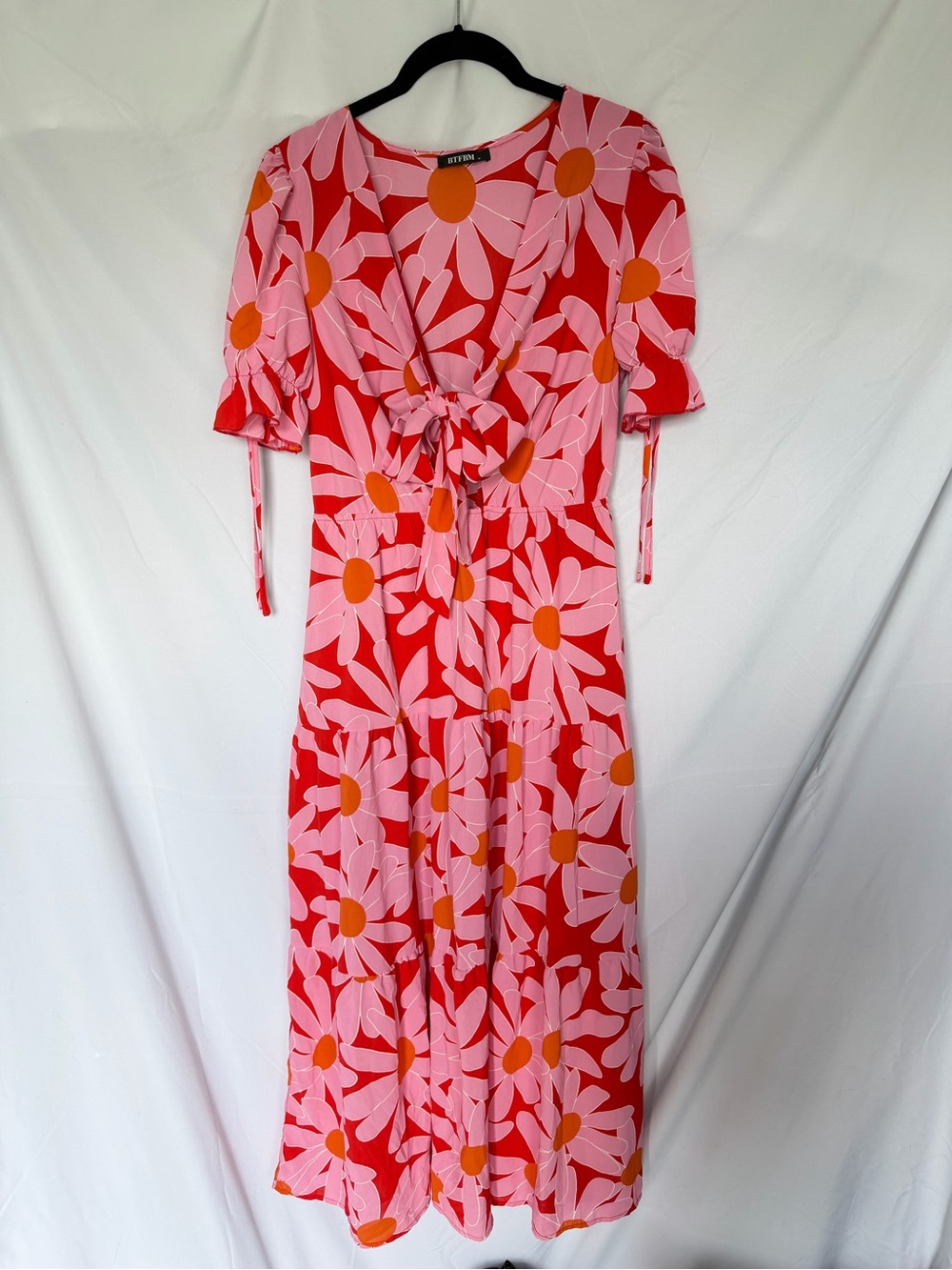 BTFBM Pink & Red Floral Dress with Orange Centers